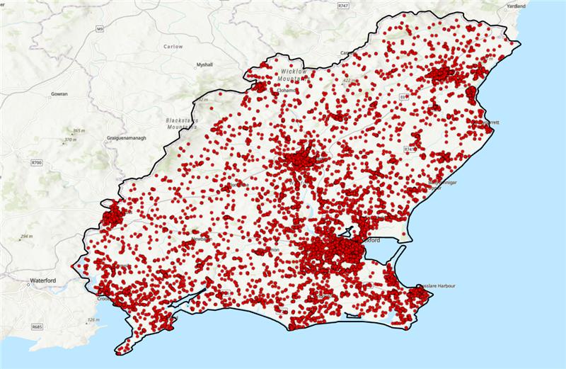 Map showing the widespread reach of MapAlerter across County Wexford, with thousands of residents receiving local alerts issued by Wexford County Council.