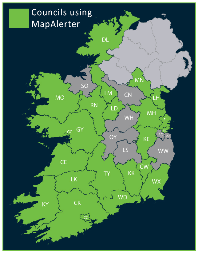 Map of Councils using MapAlerter (green) 