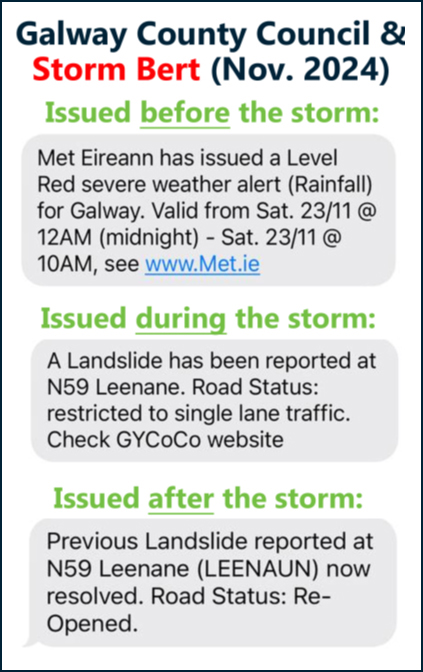 Sample Galway Alerts issued by Galway County Council on MapAlerter