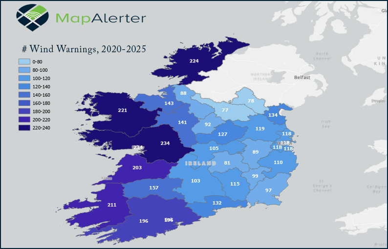 Map of Irish councils showing distribution and volume of wind warnings 2020-2025